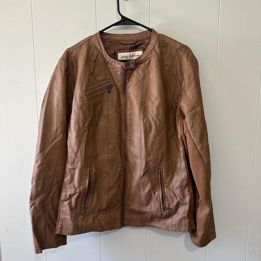 Sebby Collection Faux‎ Leather Moto Jacket Brown Zipper Pockets